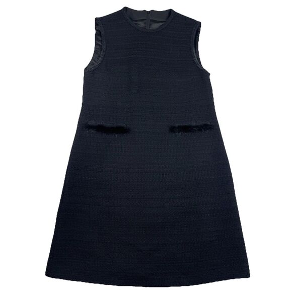Women’s Tweed Rope Trim Sleeveless Shift Dress Faux Fur Pocket Trim Black-L - Picture 1 of 14